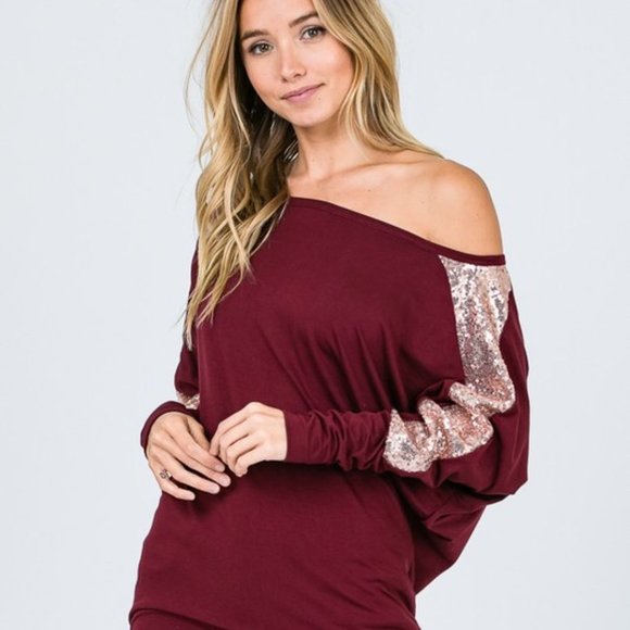 The Modern Anchor Tops - NEW Burgundy Off Shoulder Sequin Sleeve Dolman Top Size Medium